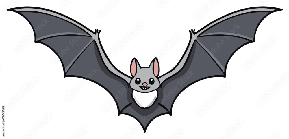 Obraz premium Cartoon Gray Bat Soaring with Wide Open Wings Flapping and Sweet Smiling Face