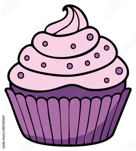 Cartoon style cupcake with pink frosting and sprinkles in a purple wrapper