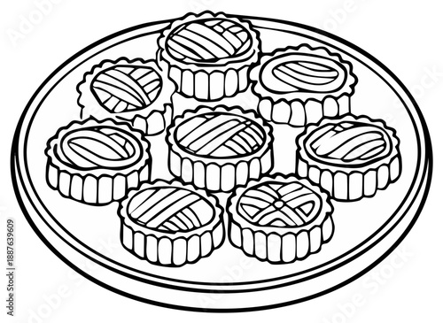 Traditional Chinese Mooncakes arranged on a plate line art illustration