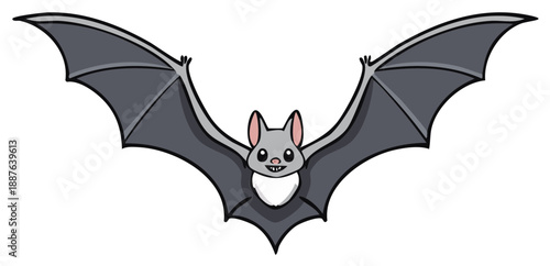 Cartoon Gray Bat Soaring with Wide Open Wings Flapping and Sweet Smiling Face