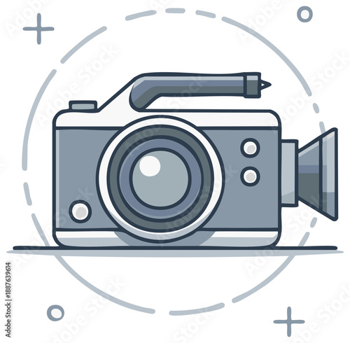 Retro video camera with cinematic lens and microphone