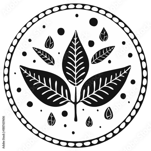 Abstract floral design with leaves, dots and border, black and white illustration