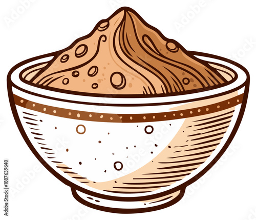 Hand drawn illustration of a ceramic bowl with a heap of brown powder spice.