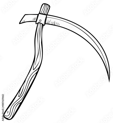 Stylized Scythe Illustration Outlined in Black and White Depicting a Harvesting Tool for Grim Reaper Halloween
