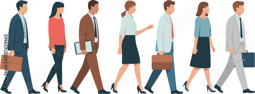 Business professionals walking in line, diverse office workers commuting together, corporate teamwork concept illustration showing modern workforce, career growth, and professional lifestyle