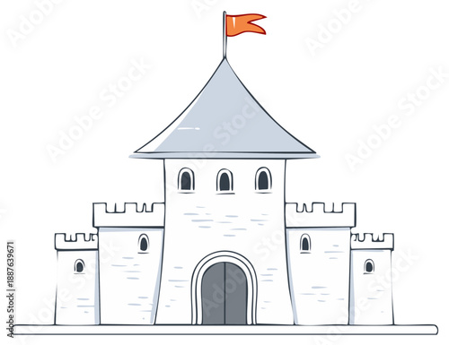 Whimsical Fairytale Castle with Orange Flag and Stone Texture