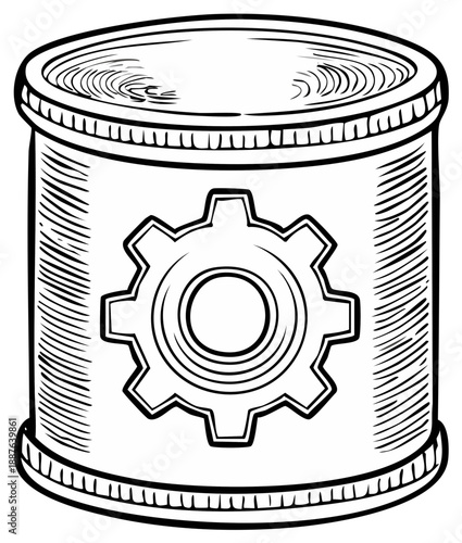 Can with Gear Icon Hatch Drawing, Mechanical Engineering Concept, Machinery and Technology Symbol, Line Art, Black and White Illustration