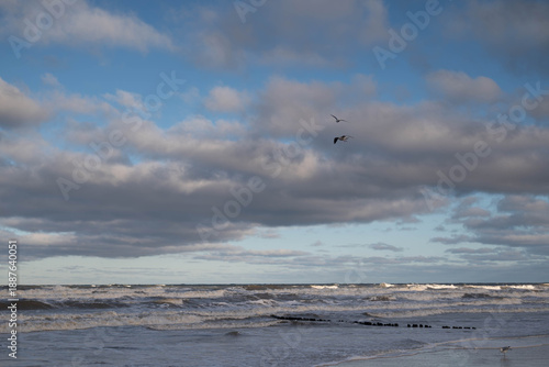 windy and freezing winter day at the Baltic sea beach in Ustka, Poland