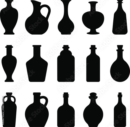 Collection of vintage bottle and vase silhouettes isolated on white background for packaging design, branding, decor, minimalist illustration, vector style art poster template