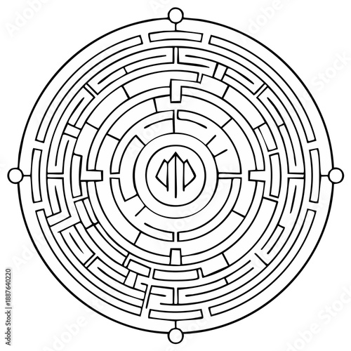 Circular labyrinth illustration with complex paths and a central symbol, vector drawing for puzzle games and problem solving concepts