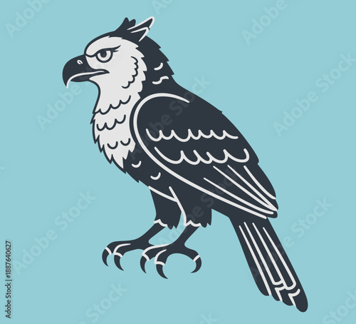 Stylized illustration of a bird of prey with a fierce expression.