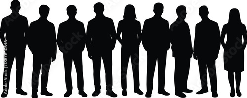 Group of diverse business people silhouettes standing together representing teamwork, corporate unity, professional diversity, leadership, collaboration, workforce concept isolated on white background