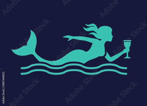 Illustration of a mermaid holding a glass, lying on waves.