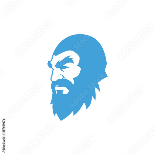 Stylized blue illustration of a bearded man's profile with an intense expression.