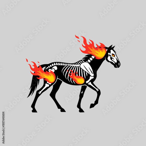 Artistic illustration of a horse with flames and skeletal features on a gray background.