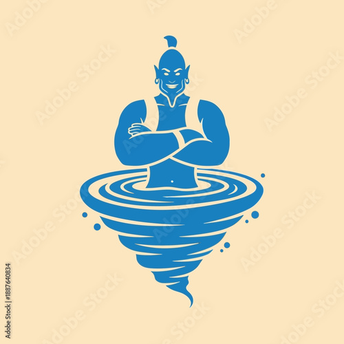 Cartoon-style illustration of a muscular genie emerging from a swirling vortex.