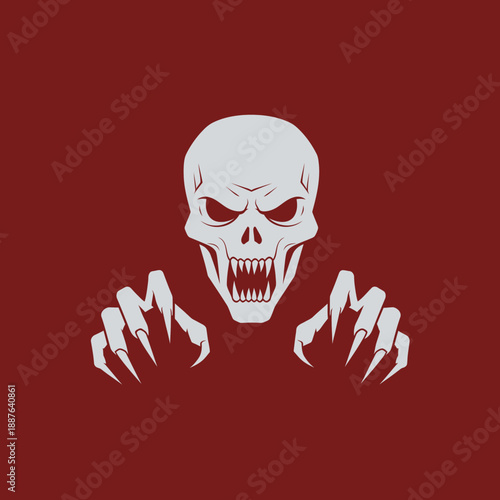 Illustration of a menacing skull with claws on a red background.