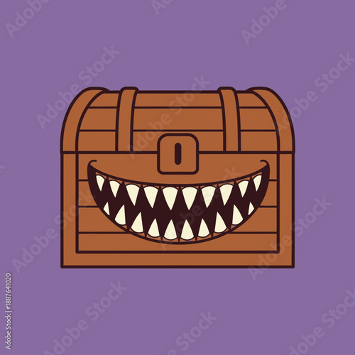 Cartoon-style treasure chest with a mischievous, toothy grin on a purple background.