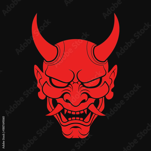Illustration of a red demon or oni mask with horns and fierce expression.