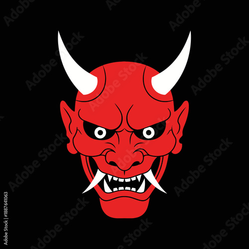 Illustration of a traditional Japanese oni (demon) mask with red face and white horns.