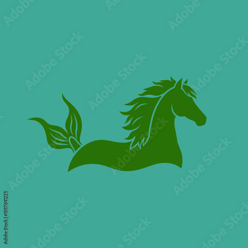 Stylized green horse with leafy mane and tail on teal background
