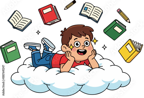 Happy young boy lying comfortably on a fluffy white cloud imagining numerous floating books and pencils representing knowledge and learning dreams
