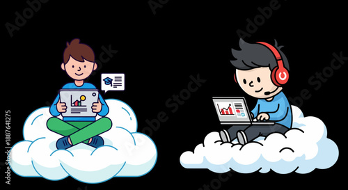 Two friendly cartoon tech support professionals or remote workers utilize digital devices while comfortably seated upon soft fluffy white clouds representing cloud computing.