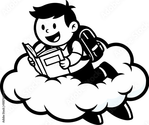 Happy cartoon boy character joyfully reading an open book while comfortably relaxing upon a fluffy white stylized cloud illustration for imagination.