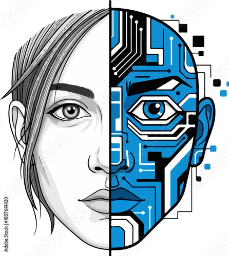 Striking conceptual illustration depicting a duality between human consciousness and advanced artificial intelligence technology symbolized by split portraits.
