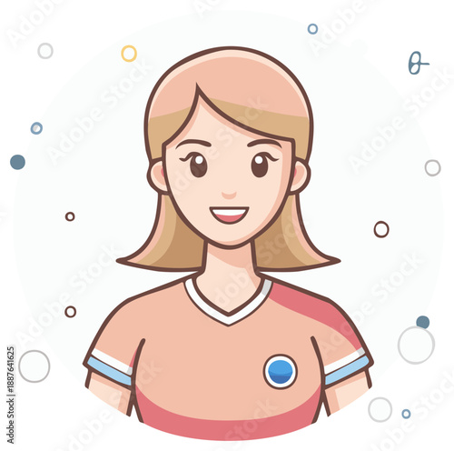 Smiling blond hair girl illustration wearing casual pink shirt in circle frame