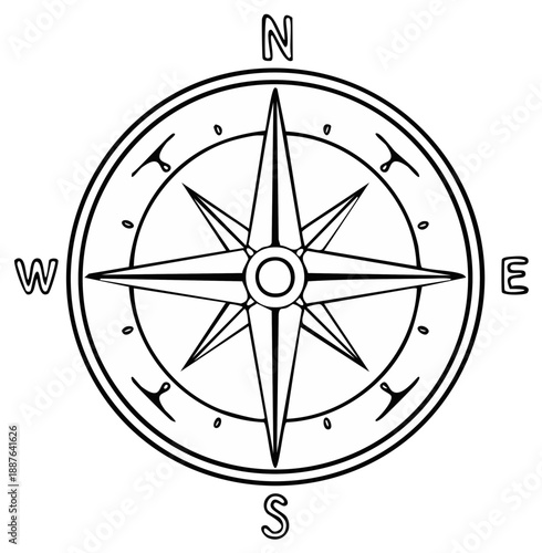 Clean line art illustration of a classic compass rose with cardinal directions displayed.