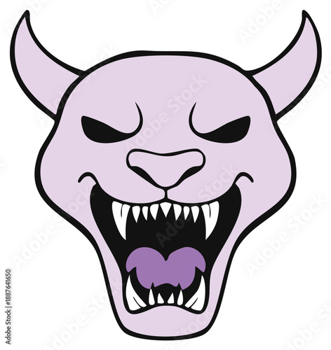 Stylized Lilac Monster Head with Horns and Sharp Teeth Smiling Creepily in Cartoon Fashion