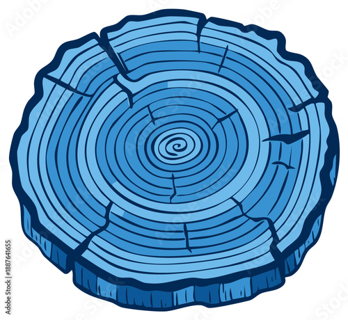 Cross Section of a Blue Tree Trunk with Growth Rings and Cracks