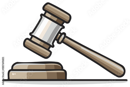 Cartoon wooden judge gavel and sound block representing law, justice, auctions, and legal authority