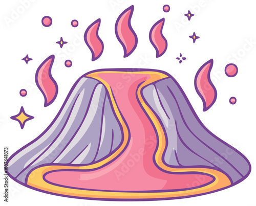 Vibrant cartoon volcano illustration erupting with pink lava and whimsical sparkling effects