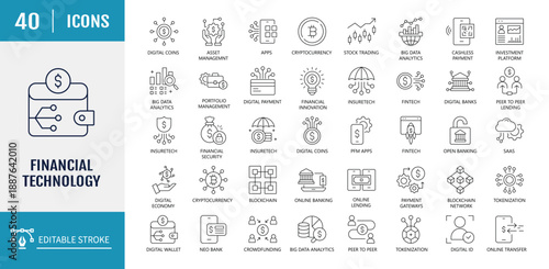 Financial Technology Icons set. Includes Fintech, Digital Native, Cloud Tech, Cashless Payment, Digital Economy and more. Vector illustration with editable strokes
