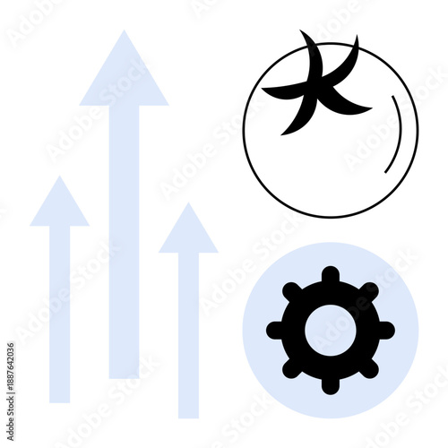 Growth concept. Growth is with upward arrows, innovation with circular designs, and strategy with a cogwheel. Growth drives progress, teamwork, technology, and planning for success