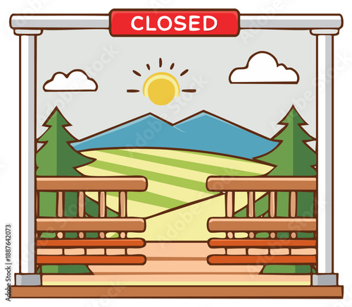 Closed Business with Mountain View and Meadow Scene Flat Illustration