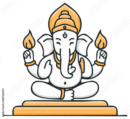 Ganesha cartoon character holding burning candles in lotus position with Indian religious symbolism