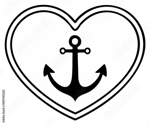 Anchor within a Heart Shape Design Symbol for Nautical Love Graphic Element