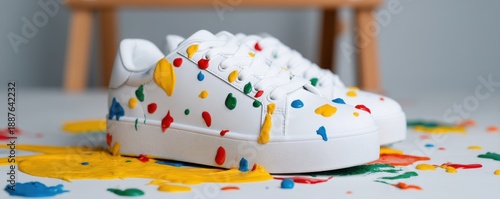 Drip Style Vibes concept. Colorful splattered sneakers on a creative background.