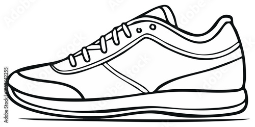 Athletic running shoe sneaker side view black and white line art illustration