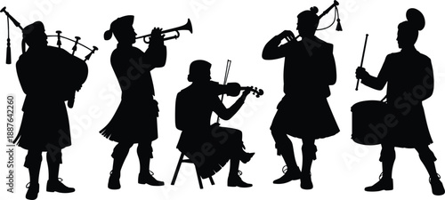 Silhouette of traditional Scottish bagpipe band musicians performing with bagpipes, drums and fiddle, isolated on white background, cultural music festival and heritage concept