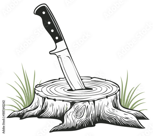 Hunting knife plunged into a weathered wooden tree stump with grass illustration