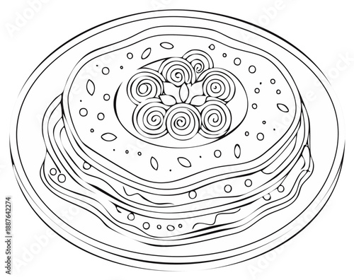 A detailed line art illustration of a stack of pancakes with swirl toppings on a plate, ideal for a coloring book page