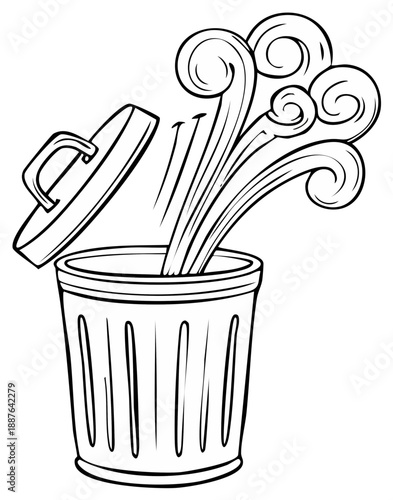 Trash can with swirling smoke or gas escaping its open lid