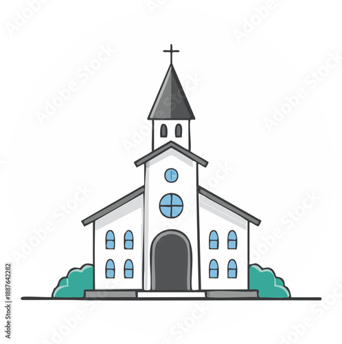 Cartoon illustration of a simple white church with a steeple and cross