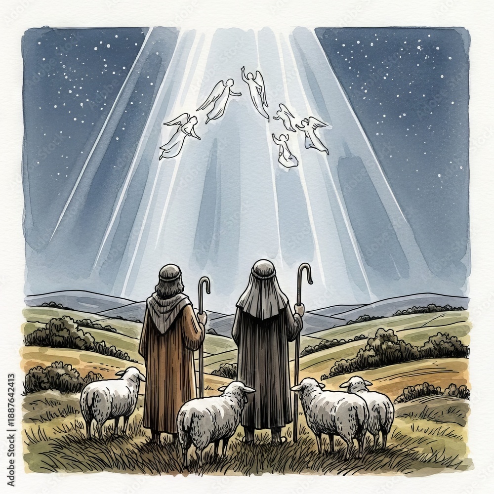 Fototapeta premium Two male shepherd looking at angels in a bright light in the night sky. Christian Christmas nativity scene for holiday card or story illustration.