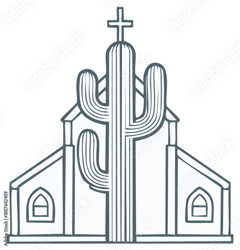 Abstract desert church with saguaro cactus and cross graphic