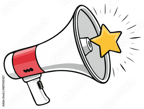 Megaphone with shining golden star for important announcement top quality rating or excellence message
